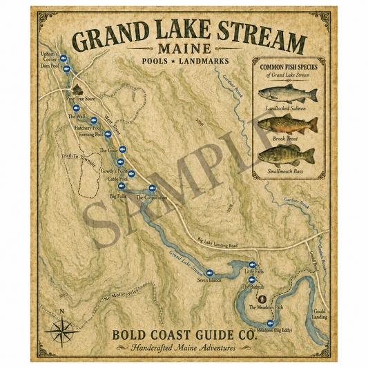 Grand Lake Stream Pools & Landmarks - Vintage Sporting Map Print